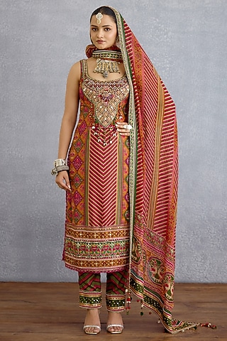 Multi-Colored Dola Silk Floral Printed Kurta Set by TORANI