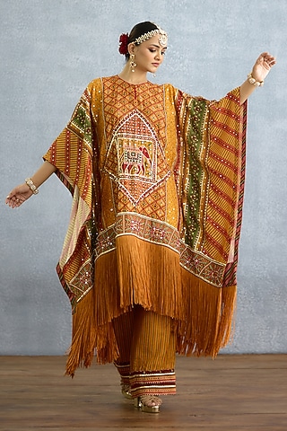 Yellow Muslin Patola Printed Kaftan Set by TORANI