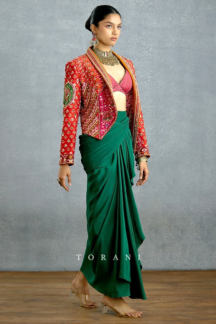 Multi-Colored Jeni Silk Patola Printed Asymmetrical Jacket Set by Torani at Pernia's Pop Up Shop