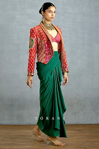 Multi-Colored Jeni Silk Patola Printed Asymmetrical Jacket Set by Torani