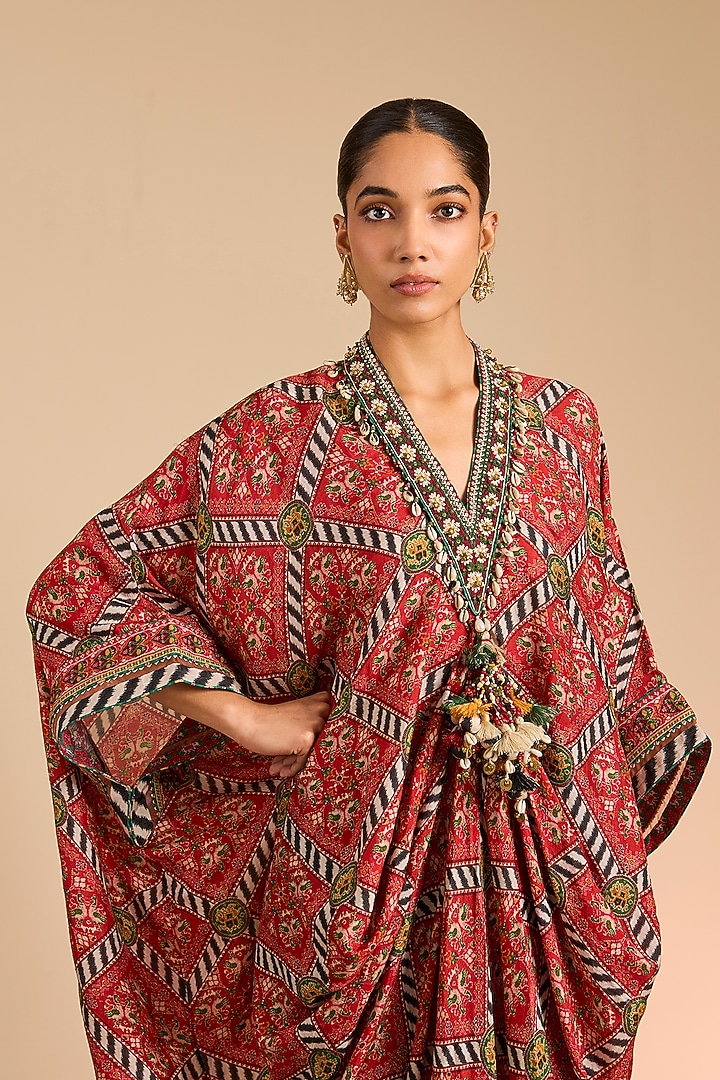 Red Dola Silk Kaftan by Torani at Pernia's Pop Up Shop