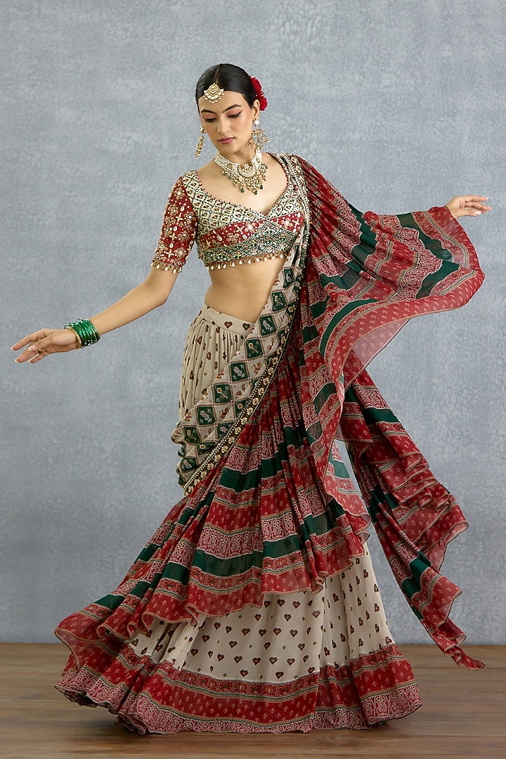 Multi-Colored Georgette Patola Printed Pre-Draped Wedding Saree by TORANI at Pernia's Pop Up Shop
