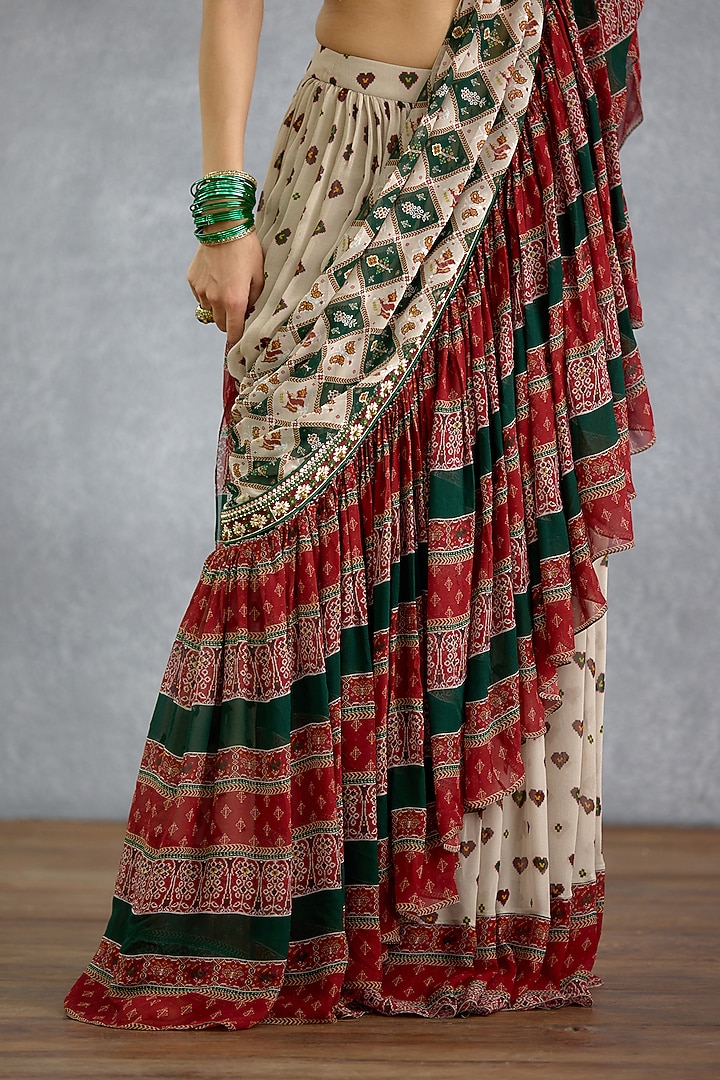 Multi-Colored Georgette Patola Printed Pre-Draped Wedding Saree by TORANI at Pernia's Pop Up Shop