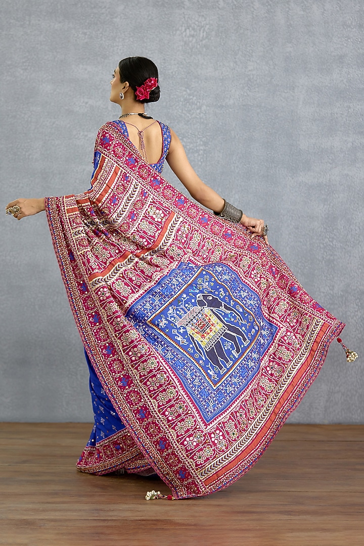Blue Silk Patola Printed & Elephant Motif Reception Saree by TORANI at Pernia's Pop Up Shop