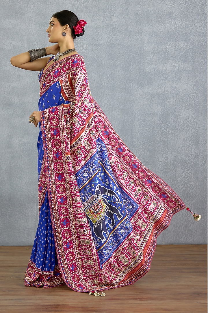 Blue Silk Patola Printed & Elephant Motif Reception Saree by TORANI at Pernia's Pop Up Shop
