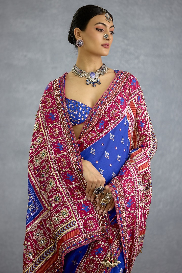 Blue Silk Patola Printed & Elephant Motif Reception Saree by TORANI at Pernia's Pop Up Shop