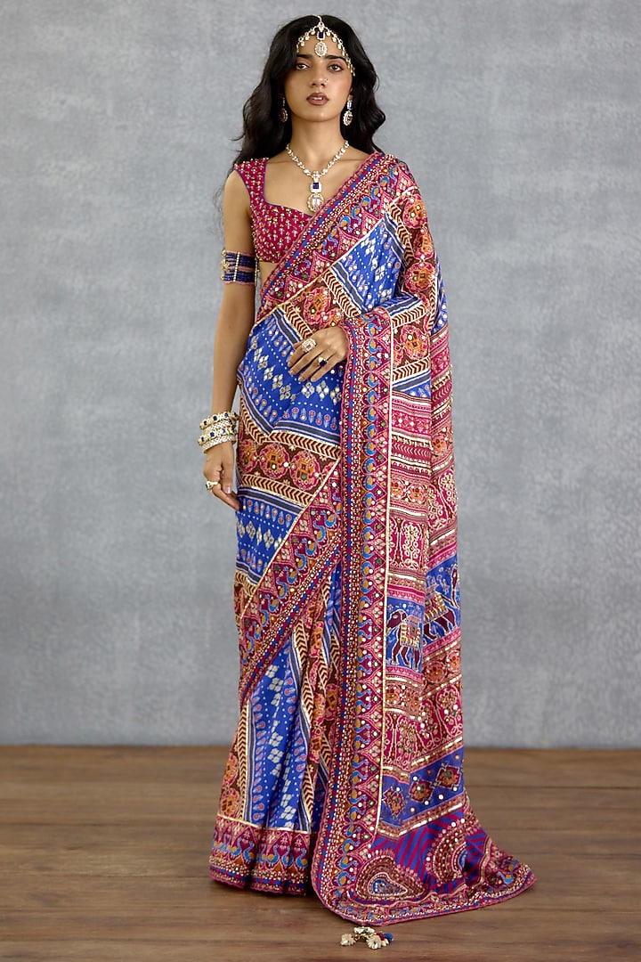 Blue & Pink Diamond Silk Patola Printed Reception Saree by TORANI at Pernia's Pop Up Shop
