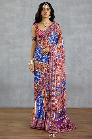 Blue & Pink Diamond Silk Patola Printed Saree by TORANI