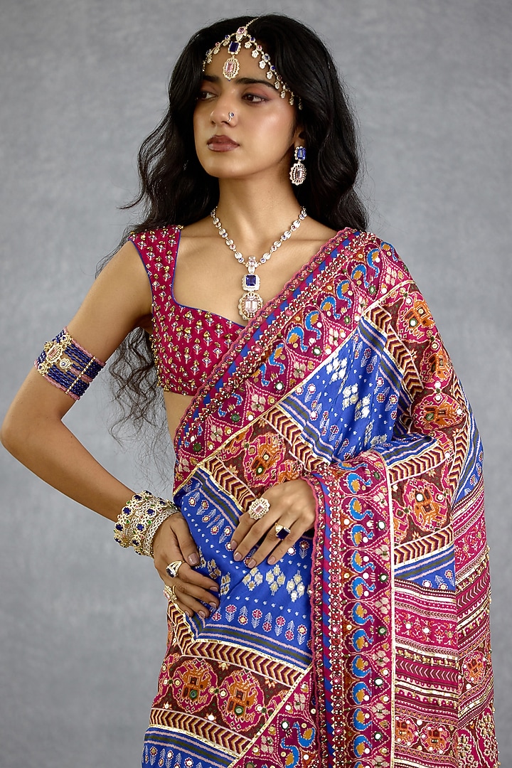Blue & Pink Diamond Silk Patola Printed Reception Saree by TORANI at Pernia's Pop Up Shop