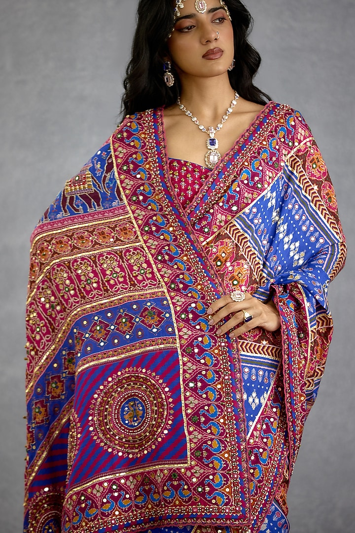 Blue & Pink Diamond Silk Patola Printed Reception Saree by TORANI at Pernia's Pop Up Shop