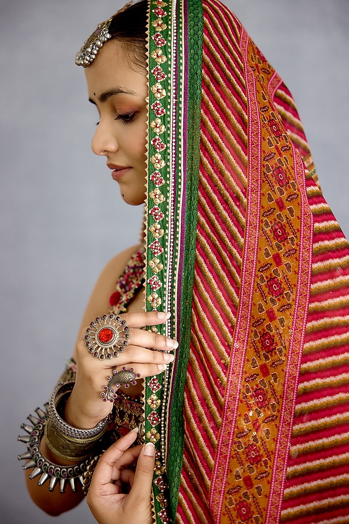 Multi-Colored Jeni Silk Chevron Printed Bridal Lehenga Set by TORANI at Pernia's Pop Up Shop