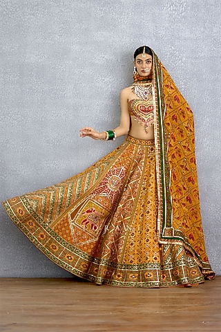 Yellow Jeni Silk Chevron Printed Lehenga Set by TORANI