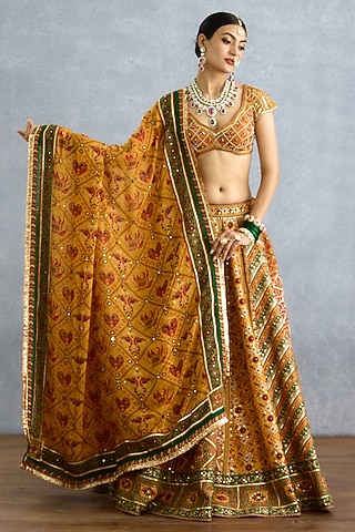 Yellow Jeni Silk Chevron Printed Lehenga Set by TORANI