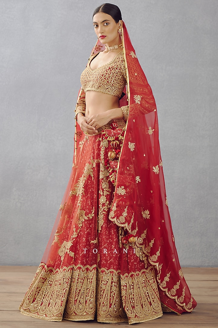 Bright Red Hand Embroidered Lehenga Set Design by TORANI at Pernia's Pop Up Shop 2024