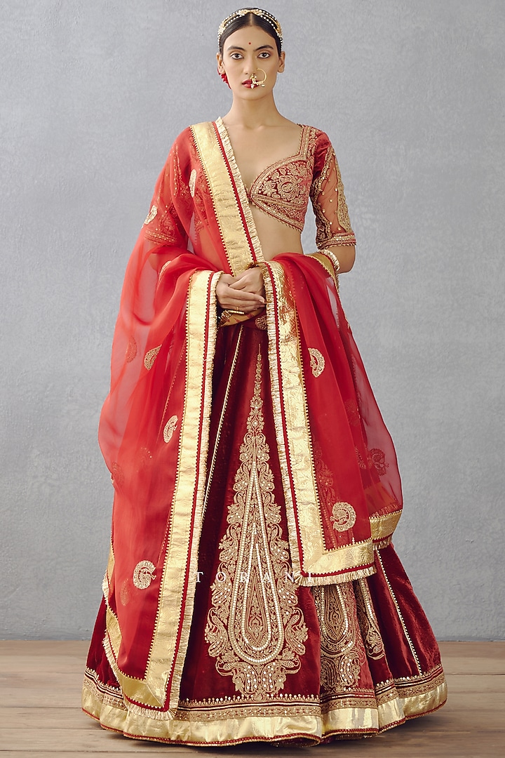 Bright Red Gota Embroidered Bridal Lehenga Set by TORANI at Pernia's Pop Up Shop