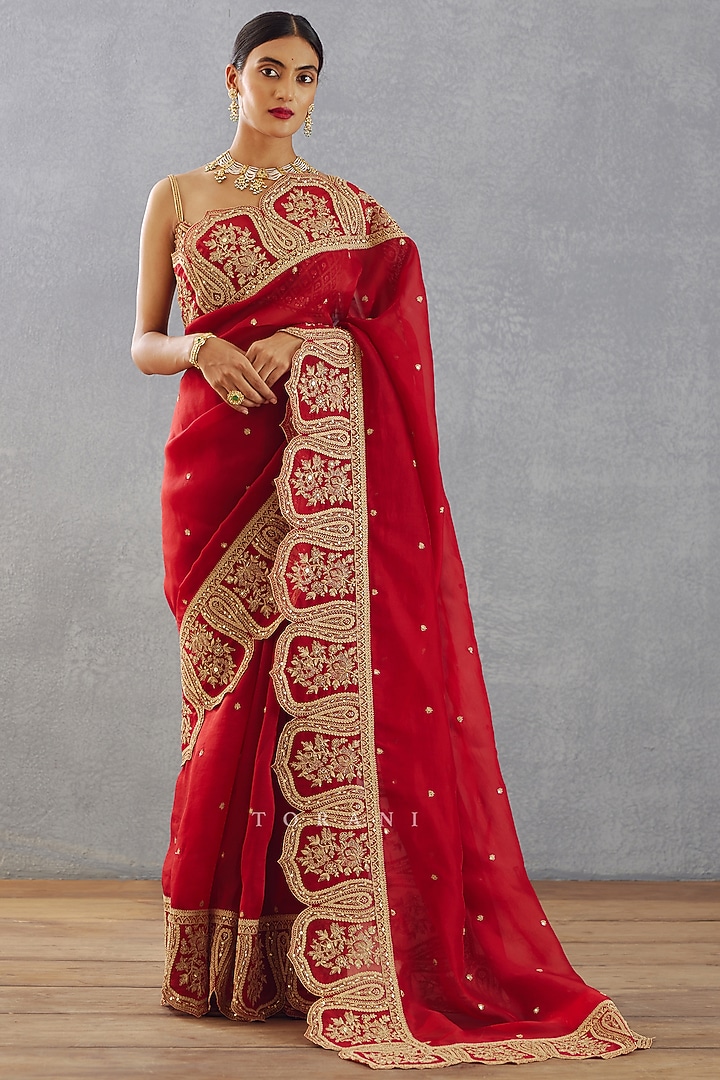 Bright Red Hand Embroidered Reception Saree by TORANI at Pernia's Pop Up Shop
