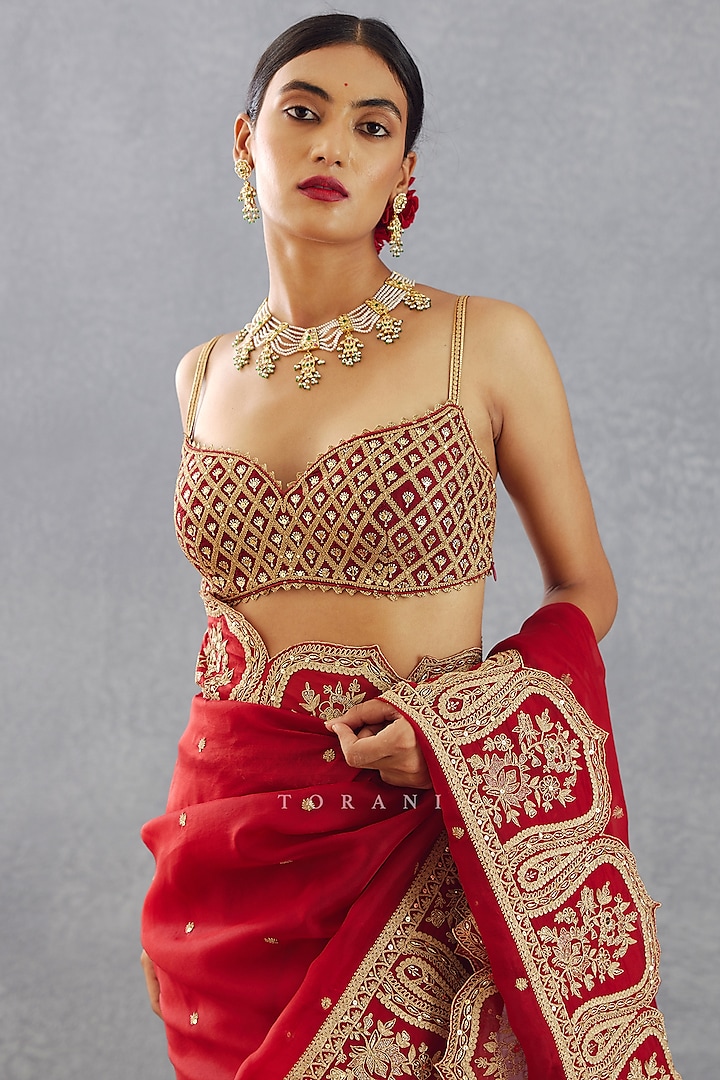 Bright Red Gota Embroidered Blouse by TORANI at Pernia's Pop Up Shop