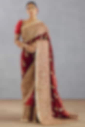 Bright Red Silk Velvet Embroidered Reception Saree by TORANI at Pernia's Pop Up Shop