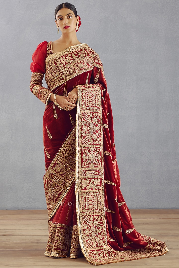 Bright Red Silk Velvet Embroidered Reception Saree by TORANI at Pernia's Pop Up Shop