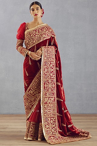Bright Red Silk Velvet Embroidered Saree by TORANI