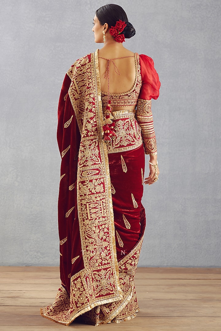 Bright Red Silk Velvet Embroidered Reception Saree by TORANI at Pernia's Pop Up Shop