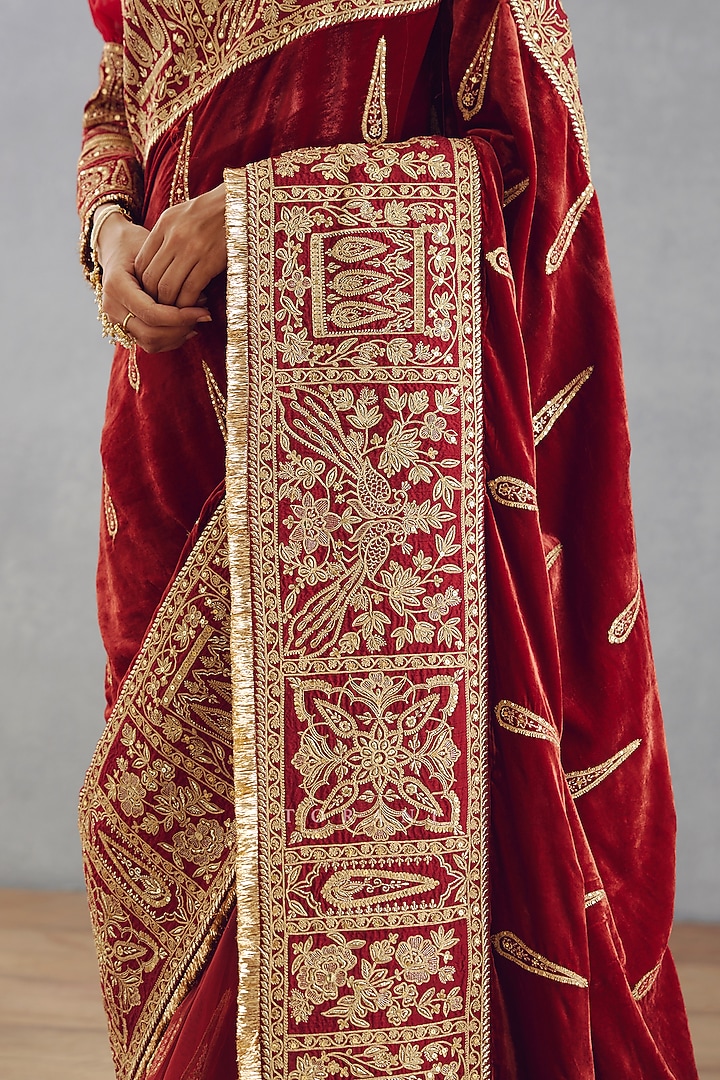 Bright Red Silk Velvet Embroidered Reception Saree by TORANI at Pernia's Pop Up Shop