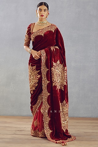 Bright Red Embroidered Saree In Silk Velvet by TORANI