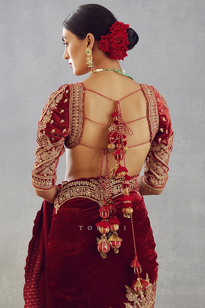 Bright Red Embroidered Reception Saree In Silk Velvet by TORANI at Pernia's Pop Up Shop