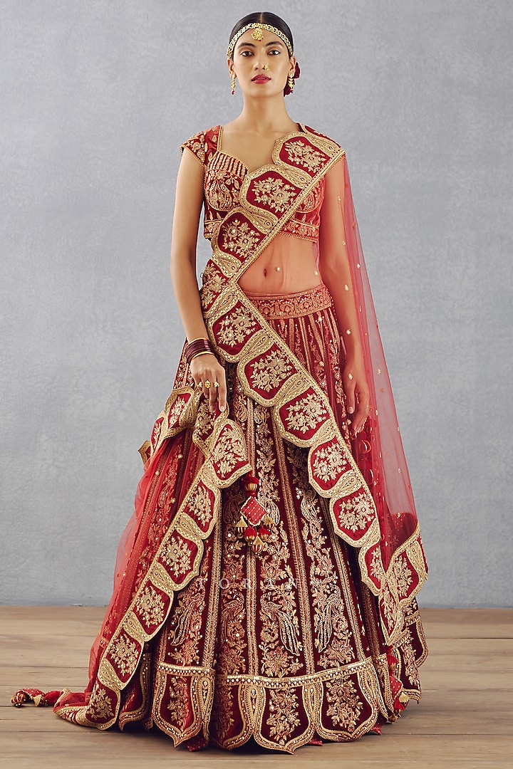 Bright Red Embroidered Bridal Lehenga Set by TORANI at Pernia's Pop Up Shop