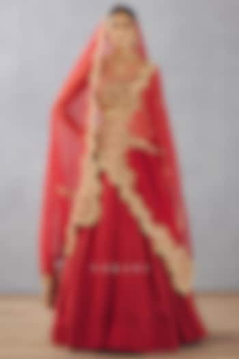 Bright Red Slub Silk Bridal Lehenga Set by TORANI at Pernia's Pop Up Shop