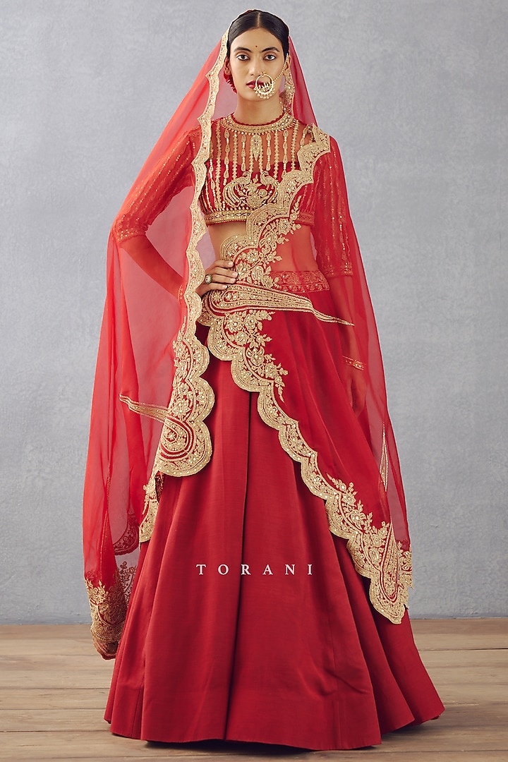 Bright Red Slub Silk Bridal Lehenga Set by TORANI at Pernia's Pop Up Shop