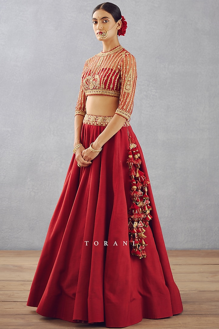 Bright Red Slub Silk Bridal Lehenga Set by TORANI at Pernia's Pop Up Shop