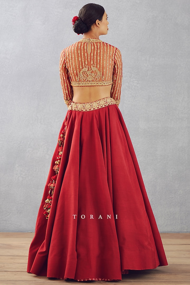 Bright Red Slub Silk Bridal Lehenga Set by TORANI at Pernia's Pop Up Shop
