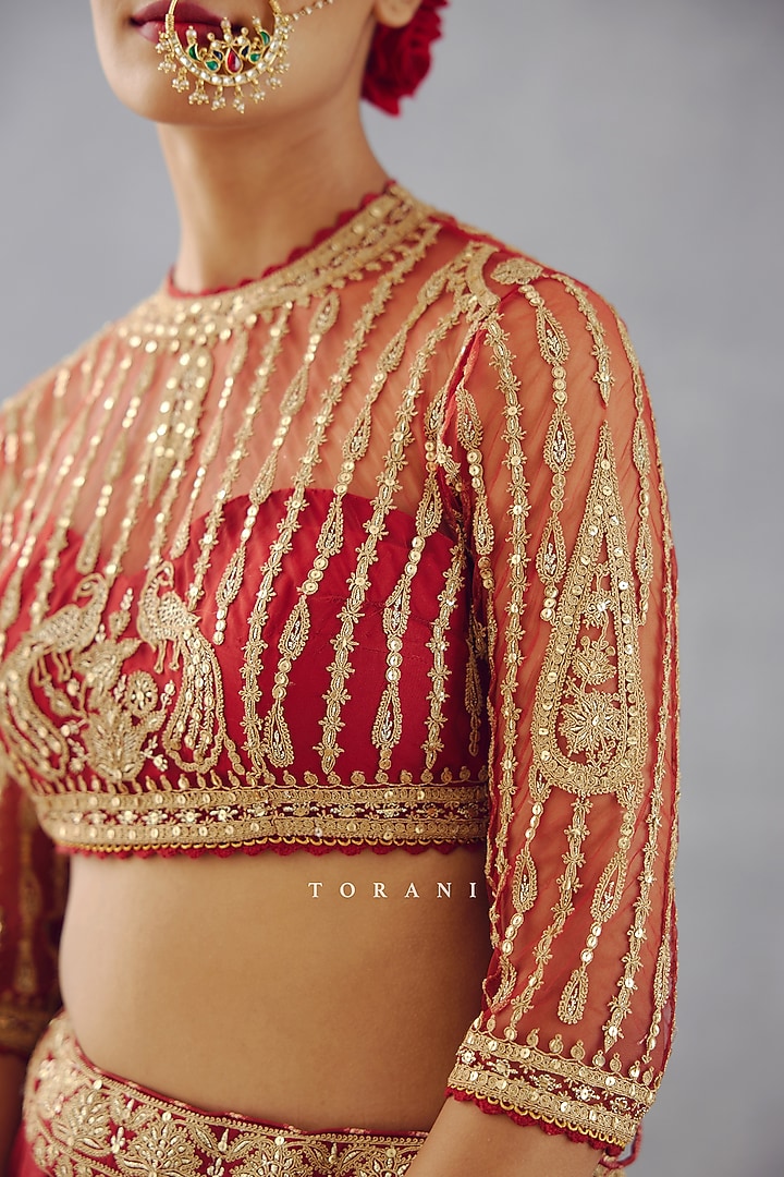 Bright Red Slub Silk Bridal Lehenga Set by TORANI at Pernia's Pop Up Shop