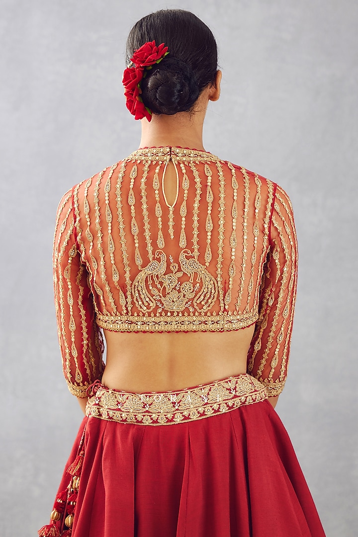 Bright Red Slub Silk Bridal Lehenga Set by TORANI at Pernia's Pop Up Shop