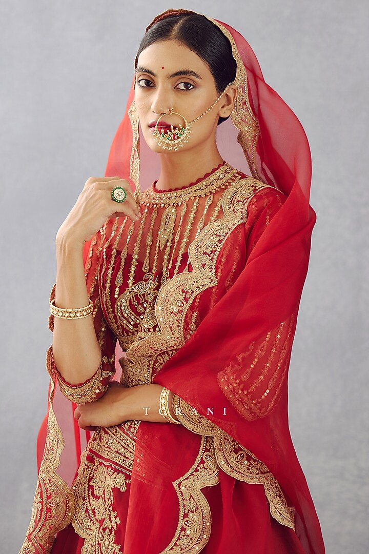 Bright Red Slub Silk Bridal Lehenga Set by TORANI at Pernia's Pop Up Shop