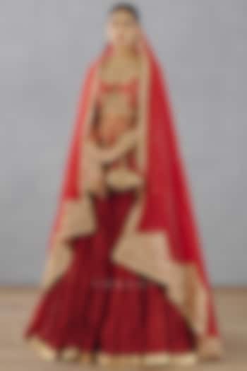 Bright Red Handwoven Chanderi Bridal Lehenga Set by TORANI at Pernia's Pop Up Shop
