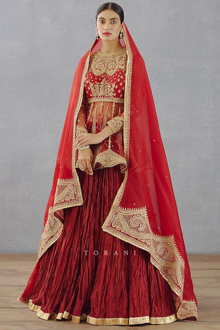 Bright Red Handwoven Chanderi Bridal Lehenga Set by TORANI at Pernia's Pop Up Shop