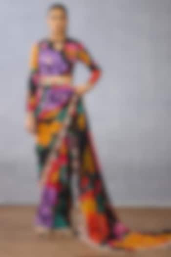Black Silk Digital Printed & Embroidered Blouse by TORANI at Pernia's Pop Up Shop