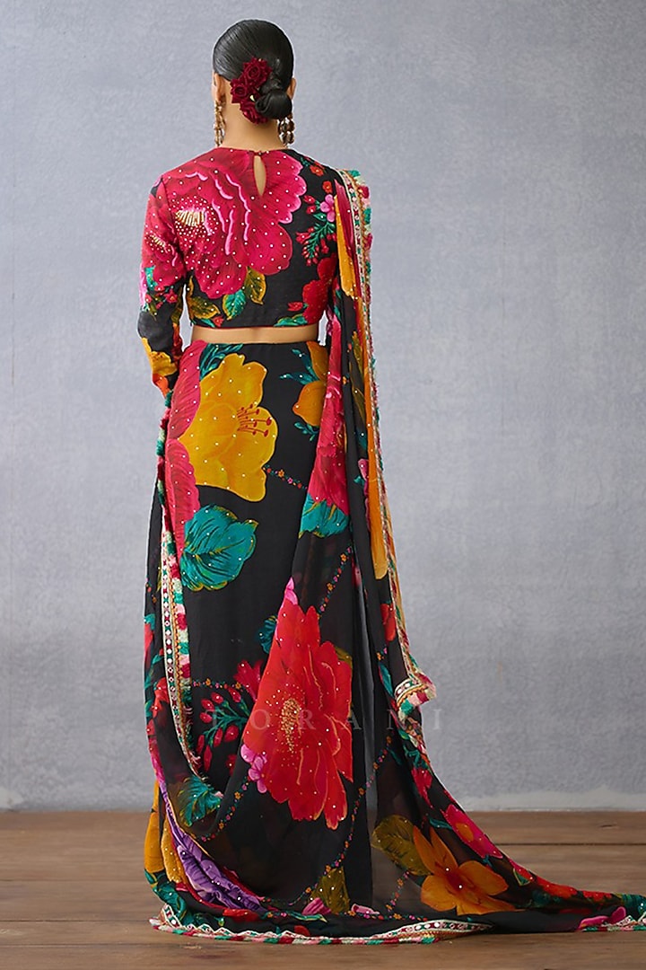 Black Silk Digital Printed & Embroidered Blouse by TORANI at Pernia's Pop Up Shop