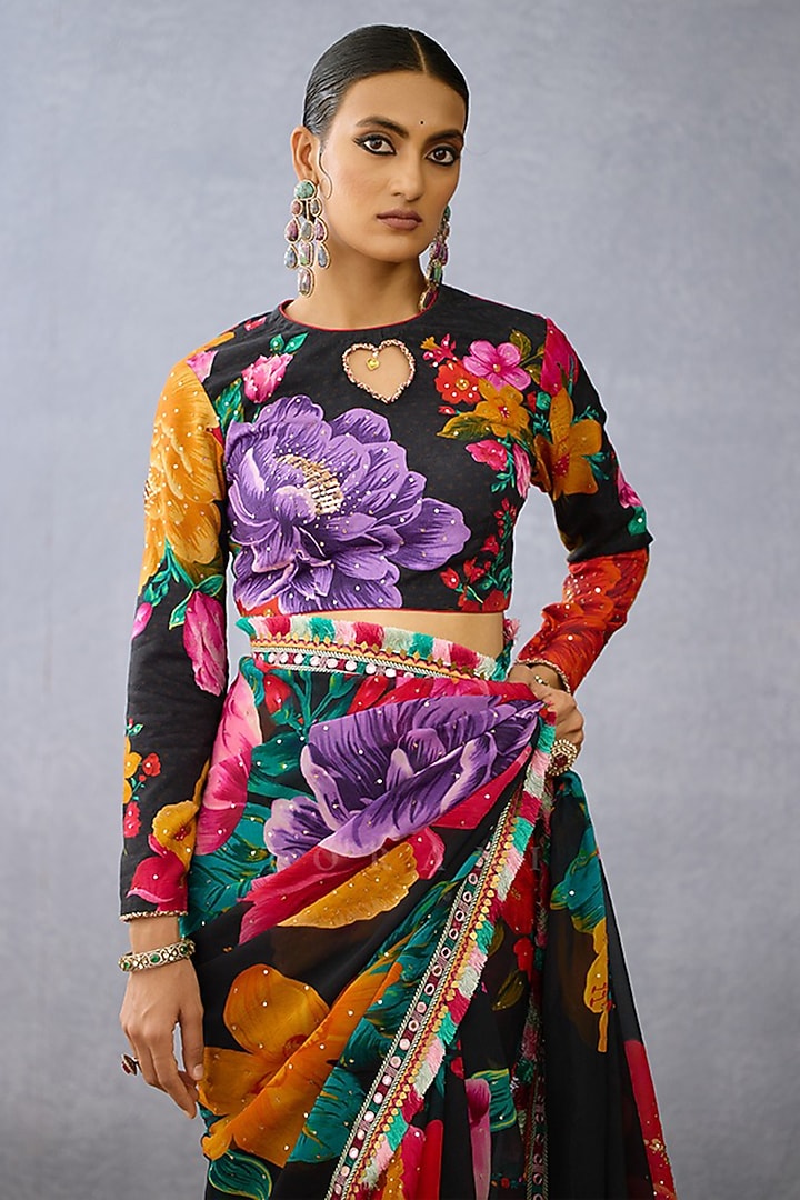 Black Silk Digital Printed & Embroidered Blouse by TORANI at Pernia's Pop Up Shop