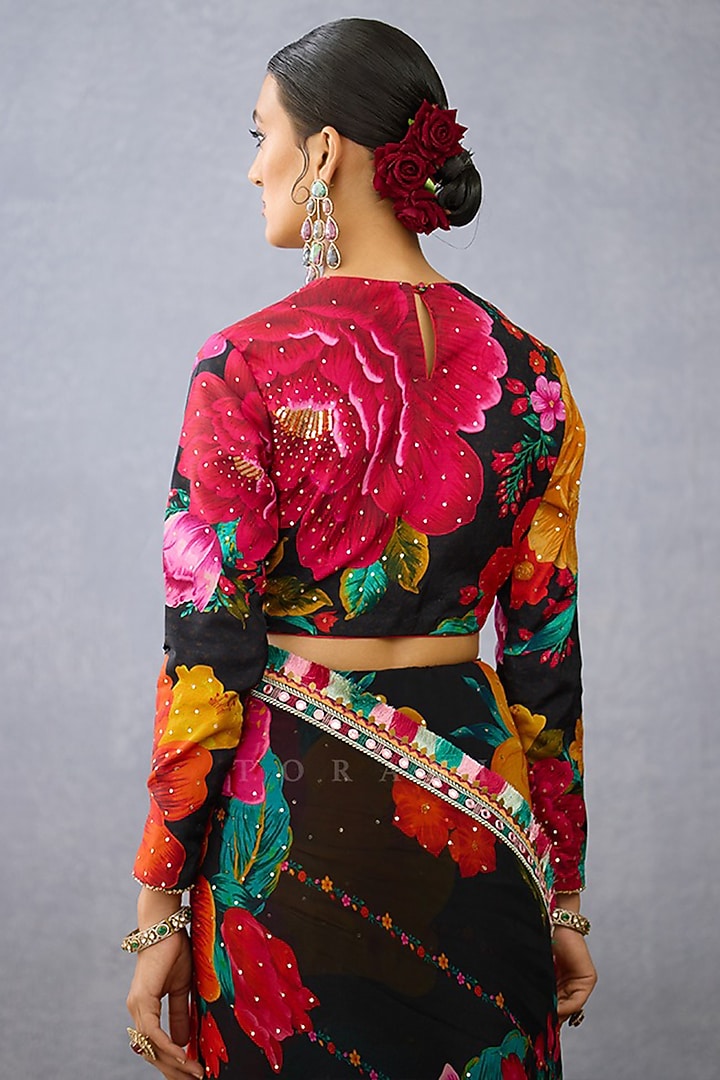 Black Silk Digital Printed & Embroidered Blouse by TORANI at Pernia's Pop Up Shop