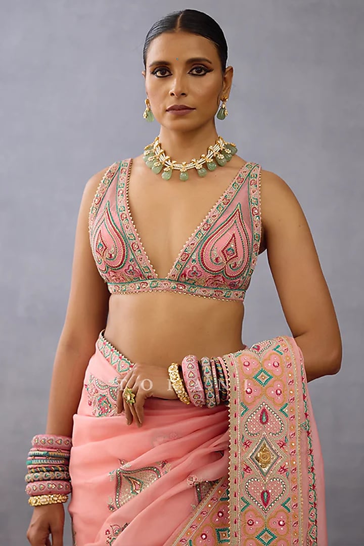 Blush Pink Butterfly Net Embroidered Blouse by TORANI at Pernia's Pop Up Shop