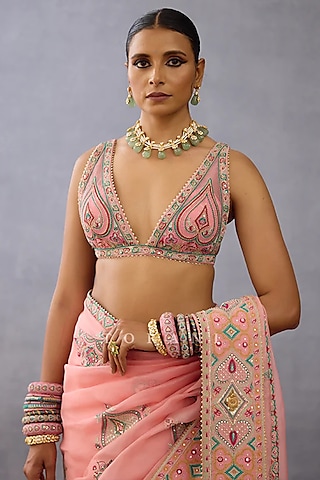 Blush Pink Butterfly Net Embroidered Blouse by TORANI