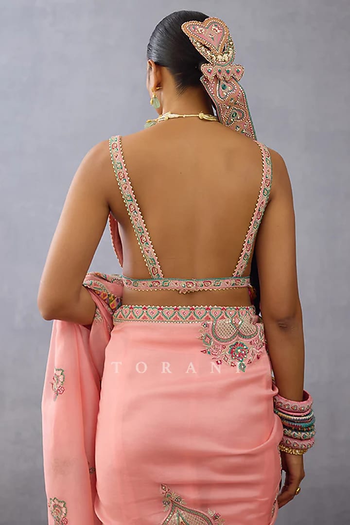 Blush Pink Butterfly Net Embroidered Blouse by TORANI at Pernia's Pop Up Shop
