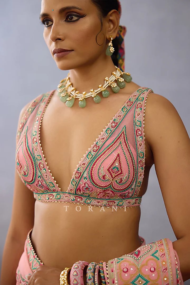 Blush Pink Butterfly Net Embroidered Blouse by TORANI at Pernia's Pop Up Shop