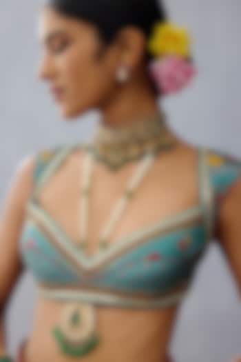 Blue Silk Slub Digital Printed & Embroidered Blouse by TORANI at Pernia's Pop Up Shop