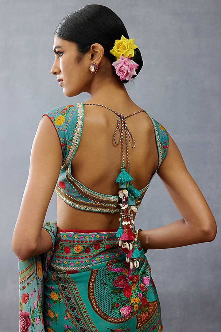 Blue Silk Slub Digital Printed & Embroidered Blouse by TORANI at Pernia's Pop Up Shop