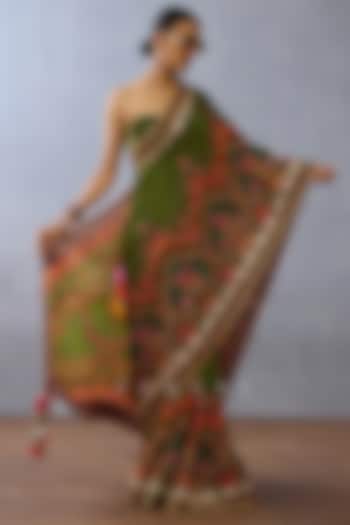 Green Silk Slub Embroidered Reception Saree by TORANI at Pernia's Pop Up Shop