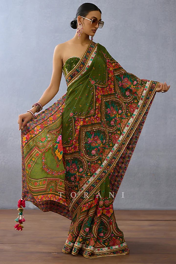 Green Silk Slub Embroidered Reception Saree by TORANI at Pernia's Pop Up Shop